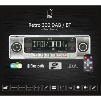 Retro Car Stereo 300 DAB/BT Digital Radio Bluetooth Front USB AUX Chrome & Black-6