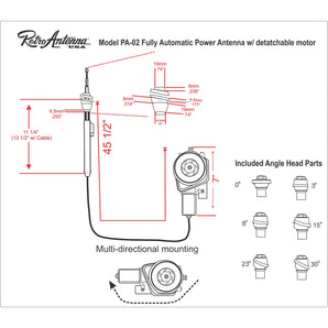 RetroSound PA02 Fully Automatic Electric Power Antenna Aerial and Mounting Heads